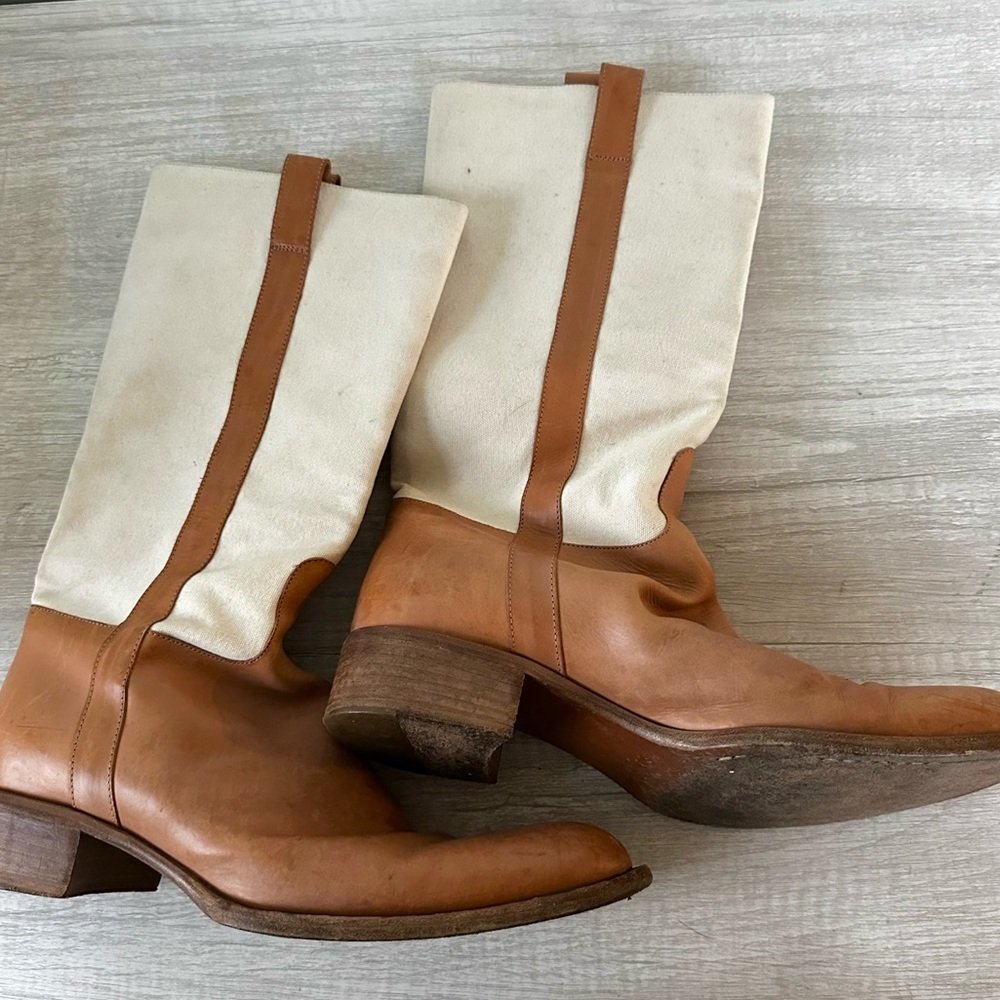 Sartore Paris Brown Leather & Beige Canvas Riding Boots Women’s 40.5 (US 10.5)